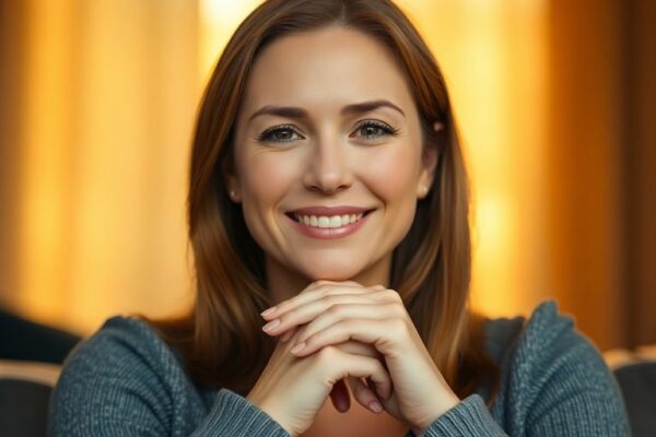 Femme souriante, mains jointes, fond flou apaisant.