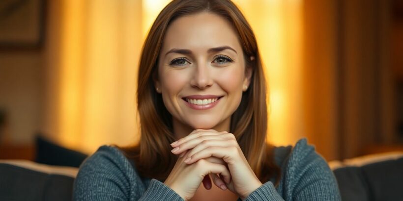 Femme souriante, mains jointes, fond flou apaisant.