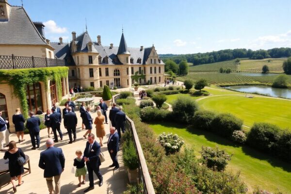 Château with gardens and people during a retreat.