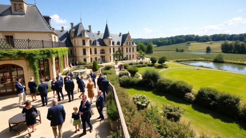 Château with gardens and people during a retreat.
