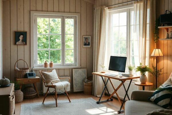 Peaceful holiday cottage workspace with natural light and greenery view.