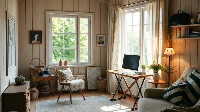 Peaceful holiday cottage workspace with natural light and greenery view.