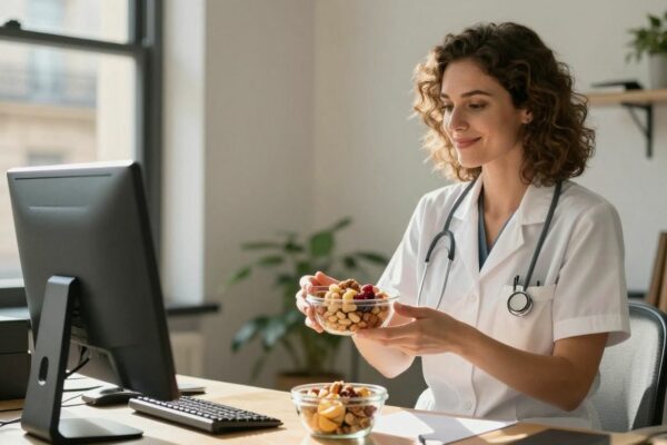 Diététicienne souriante offrant des fruits dans un bureau parisien.