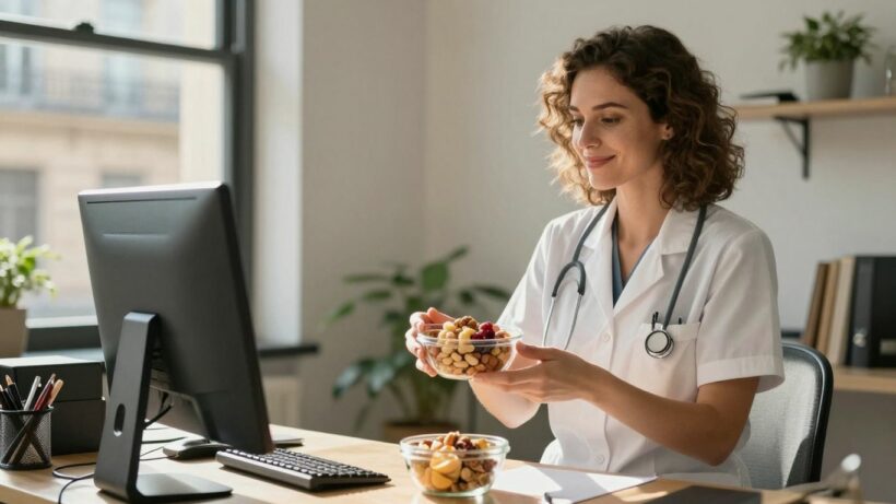 Diététicienne souriante offrant des fruits dans un bureau parisien.